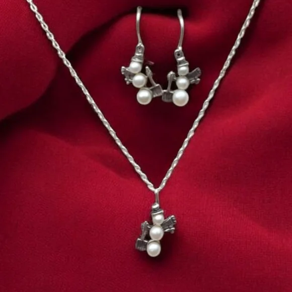 ☃️ Vintage Sterling Shube Signed Pearl Snowman Necklace And Earrings - Picture 2 of 11